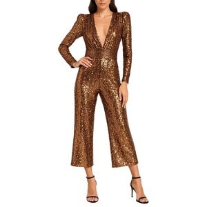Iorane Bronze Sequin Deep V Cropped Wide Leg Jumpsuit Small